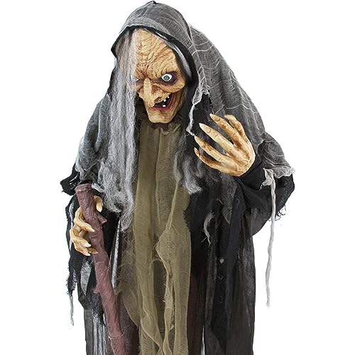 Haunted Hill Farm Life-Size Scary Poseable Talking Witch, Halloween Animatronic with Touch Activated Lights and Sound, Battery Operated Indoor or Covered Outdoor Halloween Decorations, Halloween Prop