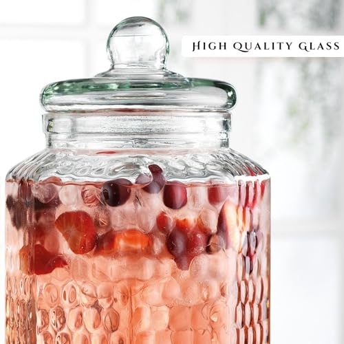 Classic Hammered Glass Beverage Dispenser with Elegant Stand (Set of 2), 1 Gallon Glass Drink Dispenser with Stand & Spigo...