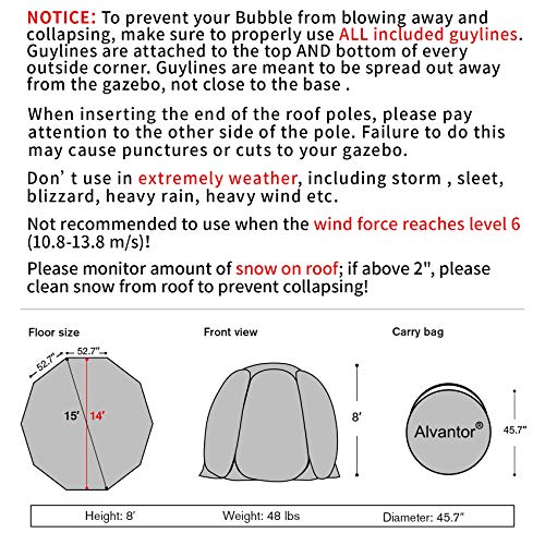 Alvantor® Pop Up Bubble Tent® - 15’ x 15’ Instant Igloo Tent® - 12-15 Person Screen House for Patios - Large Oversize Weat...
