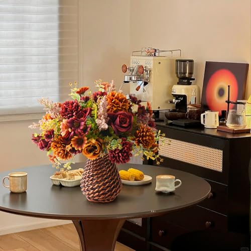 Artificial Faux Flowers in Vase, Fake Silk Floral Arrangements Rose Bouquets with Handmade Rattan Vase, Farmhouse Table De...