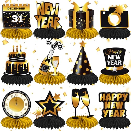 2026 Happy New Year Party Honeycomb Centerpieces 12Pcs New Years Eve Party Centerpieces for Table Happy New Year Party Dec...
