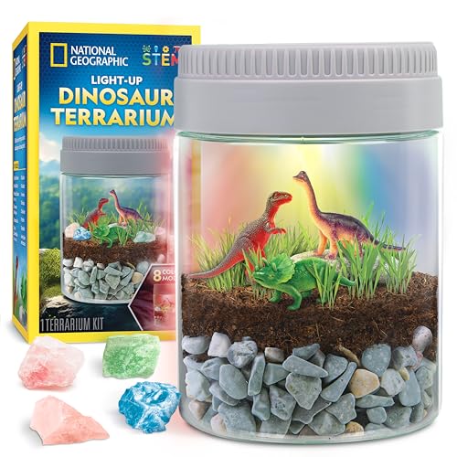 National Geographic Dinosaur Terrarium Kit for Kids – Multicolor Light-Up Terrarium, Build a Dino Habitat with Real Plants...