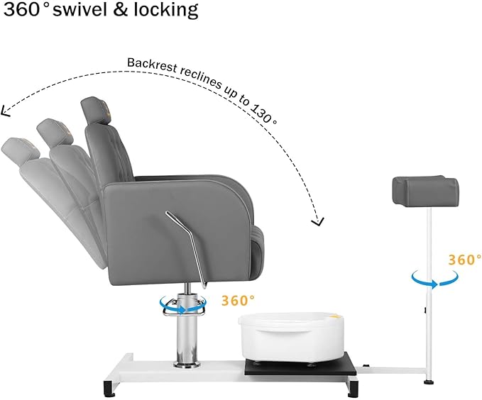 Reclining Pedicure Chair with Foot Massage Basin & Stool, Hydraulic Adjustable Pedicure Chair Station, 360° Rotation Beauty Spa Salon Unit Station Gray