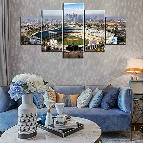 TUMOVO 5 Piece Los Angeles California Panoramic Skyline Cityscape Aerial Over Dodger Stadium Print On Canvas Wall Artwork Modern Photography Home Decor Stretched and Framed Ready to Hang - 60''Wx32''H