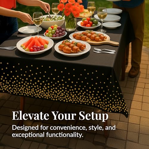 Prestee 4 Pack Gold and Black Table Cloth Rectangle Table Covers 54 x 108 Inches - Plastic Table Cloth Disposable for Part...