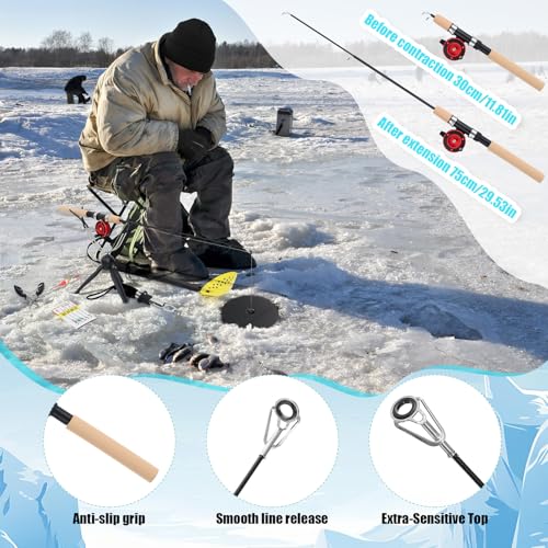 Teyva Daily 42 Pcs Ice Fishing Rod Reel Combo Complete Set 29.5" Ice Fishing Rod and Holder with Carrier Bag Pliers Lip Gr...