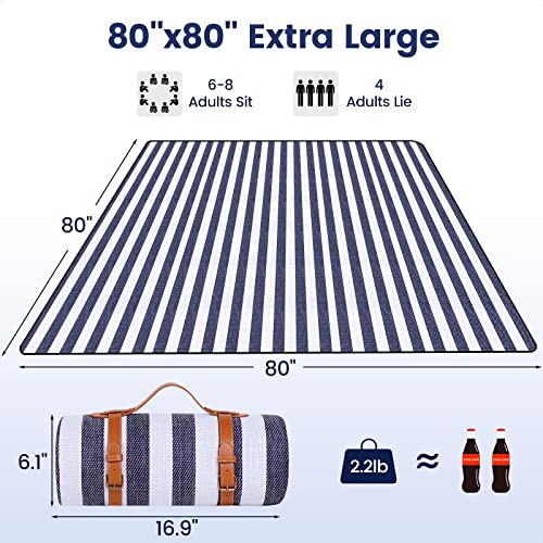 sapsisel 80”x 80” Picnic Blanket Extra Large, Waterproof and Foldable Beach Blanket, 3-Layer Outdoor Blanket for 6 to 8 Ad...