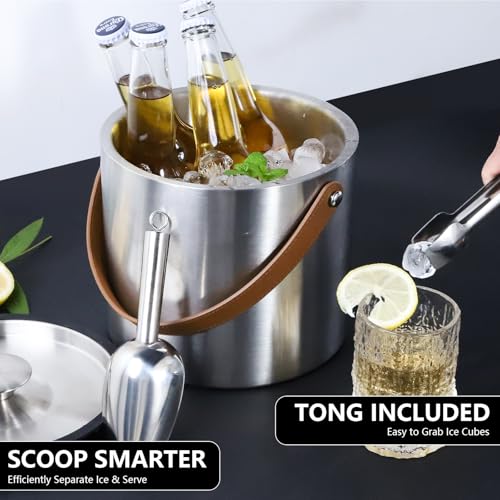 Bakpoco 4L Ice Bucket with Lid, Scoop,Tongs & Strainer, Stainless Steel Double Wall Insulated Ice Buckets for Parties & Co...