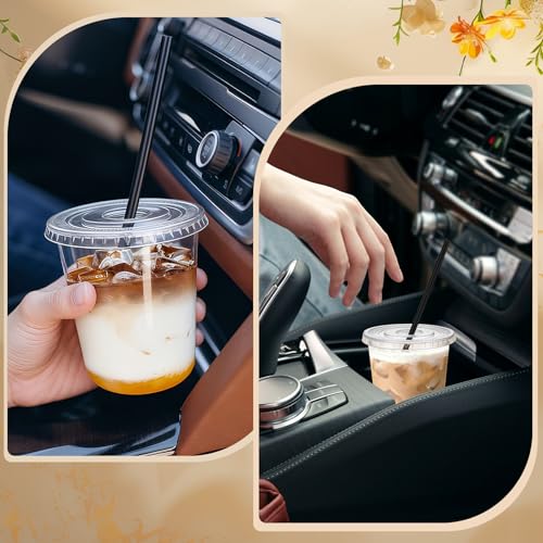 tchrules 100 Set 12oz Plastic Cups with Lids and Straws, Disposable Clear Iced Coffee Cup with Lid, Round Bottom Plastic T...