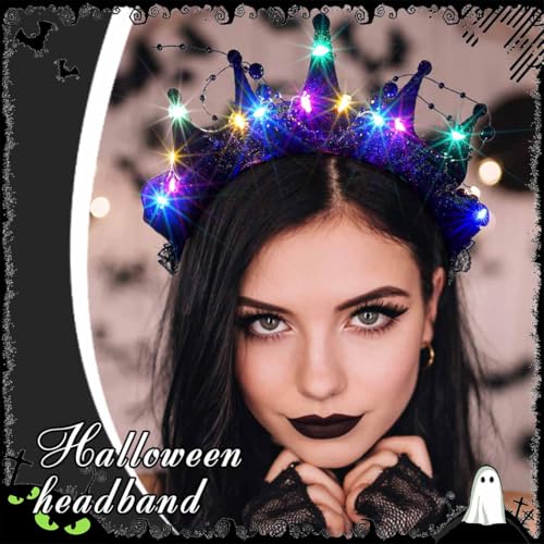 Aceorna Light Up Flower Headband Led Black Crown Hairbands Lace Beads Headpiece Glitter Costume Hair Accessories for Women