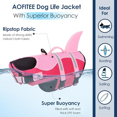 AOFITEE Dog Life Jacket Large, Shark Dog Life Vest for Swimming Boating, High Flotation Reflective Dogs Swimming Vest Life...