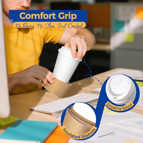 Fit Meal Prep 100 Pack 8 oz Disposable Coffee Cups with Lids, Sleeves, Leak-Proof To Go Coffee Cups with Lids, Durable Hot...