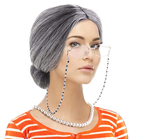 Feacole Old Lady Costume Set-Grandmother Wig,Wig Caps, Madea Granny Glasses, Eyeglass Retainer Chain,Pearl Necklace(5 Pieces)