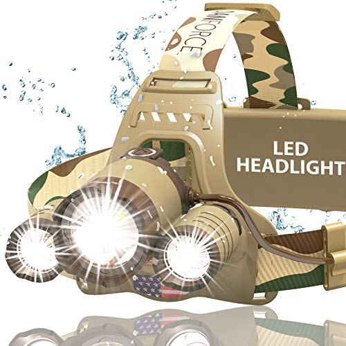 DanForce Camouflaged Headlamp Ultra Bright USB Rechargeable Head lamp. Tactical Head Flashlight Designed Especially for Hu...