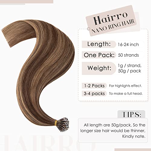 Hairro Nano Ring Hair Extensions Keratin Nano Bead Human Hair Pre Bonded Cold Fushion Highlight Microlink I Tip Hair Extensions For Women 22inch 50g/PACK 50 Strands #4P27 Medium Brown Mix Dark Blonde