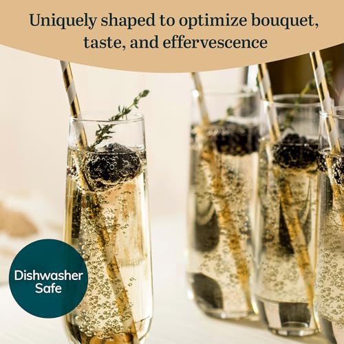 Libbey 228 Stemless Champagne Flutes Glass Set of 12, Elegant 8.5 Oz Flute Glasses for Champagne, Clear Fluted Glassware