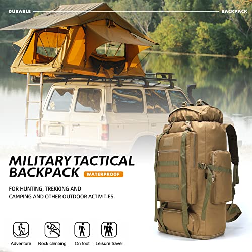HongXingHai 70L/100L Hiking Camping Backpack MOLLE Rucksack Waterproof Daypack for Traveling (Khaki)
