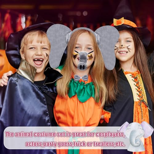 Xuyyicao 5 Pcs Grey Elephant Costume Set,Fuzzy Elephant Ears Nose Tail Gloves Bowtie Kit,Animal Costumes for Halloween Cos...