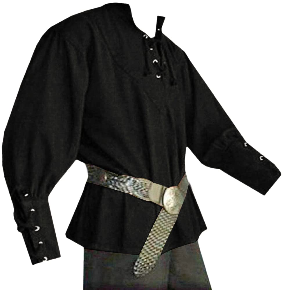 Karlywindow Mens Medieval Pirate Shirts Lace Up Scottish Mercenary Halloween Costume Shirt Tops Black
