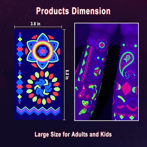Ozepao 20 Sheets Glow in The Black Light Temporary Tattoos, Glow Party Supplies for Adults and Kids, 160+ Neon UV Glow Flu...