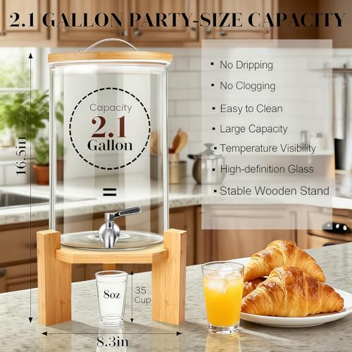 2 Gallon Drink Dispenser,Glass Beverage Dispenser With Wood Stand,Large Water Drink Dispensers for Parties with Anti-block...