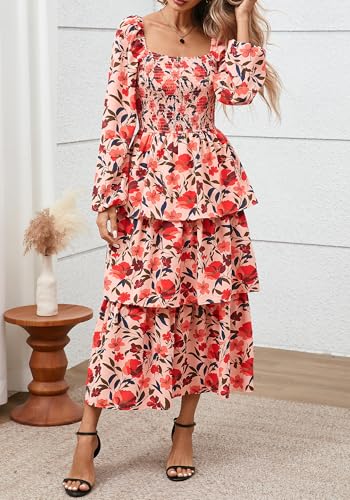 BTFBM Spring Dresses for Women 2026 Floral Long Sleeve Smocked Square Neck Ruffle Tiered Flowy Party Wedding Guest Dress