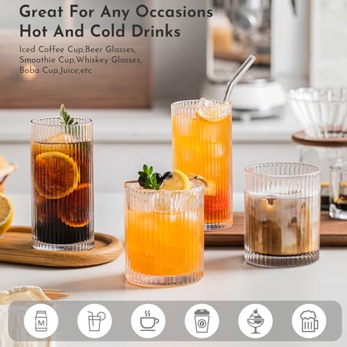 INSETLAN 12-Piece Ribbed Glassware - 6 Highball Glasses 12 oz, 6 Rocks Glass Cups 14 oz, Vintage Cocktail Drinking Glasse...