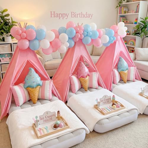 Wilwolfer Pink Sleepover Teepee Tent for Kids-2 Pack Tipi Playhouse for Kids with Lights& Flag& Inflatable Airbed -Indoor/...