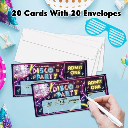 ZARYFANCHY Disco Birthday Party Invitations, Neon Dance Party Invites VIP Tickets, 20 Count Invite Cards With Envelopes, B...