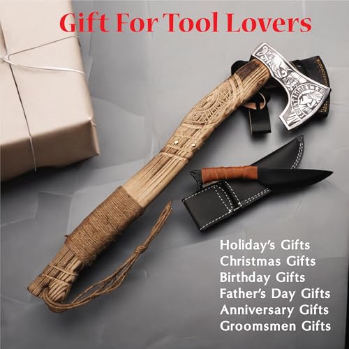 Viking Axe with Gift Viking Knife Also Leather Sheaths, Carbon Steel, Carved Wooden Handle, Bearded Heaven Hatchet for Cam...