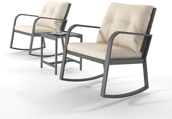 HLNPTN 3 Pieces Patio Furniture Set, Rocking Chairs Wicker Outdoor Bistro Set Armchair Patio Furniture Conversation Sets with Tempered Glass Top Coffee Table & Cushions, Off White