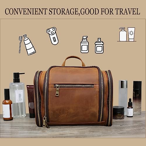 Hanging Toiletry Bag,Personalized Genuine Leather Shaving & Dopp Kit Bag for Men & Women,Travel Organizer for Toiletries,Best Man Gift,Wedding Gifts (Brown)