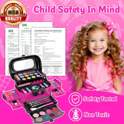 Hollyhi 58 Pcs Kids Makeup Kit for Girl, Princess Toys Real Washable Cosmetic Set with Mirror, Kids Makeup Sets for Girls,...