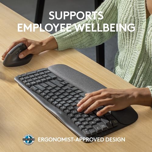 Logitech Wave Keys for Business, Wireless Ergonomic Keyboard with Cushioned Palm Rest, Secure Logi Bolt Technology, Blueto...