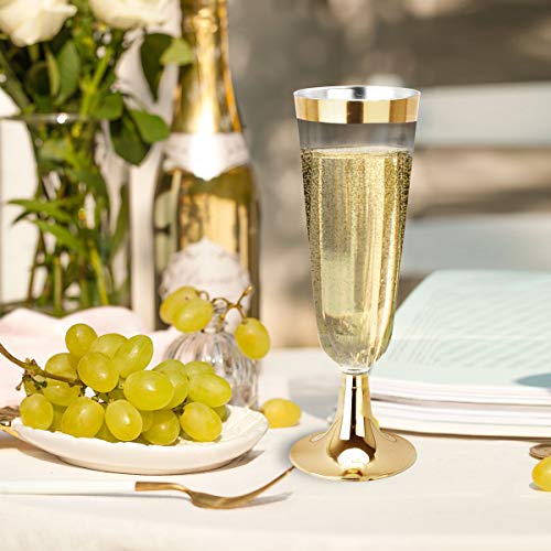 bUCLA 100 Pack Gold Plastic Champagne Flutes - 5OZ Plastic Champagne Glasses With Gold Rim - Premium Quality Gold Disposab...