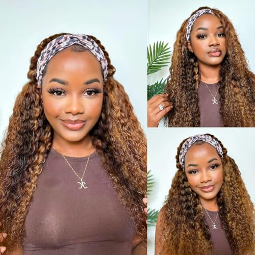 Ombre Deep Wave Headband Wig Human Hair #4/27 Curly Headband Wigs for Black Women Human Hair Glueless None Lace Front Wigs Brazilian Virgin Hair Wig Machine Made 150% Density 20 Inch