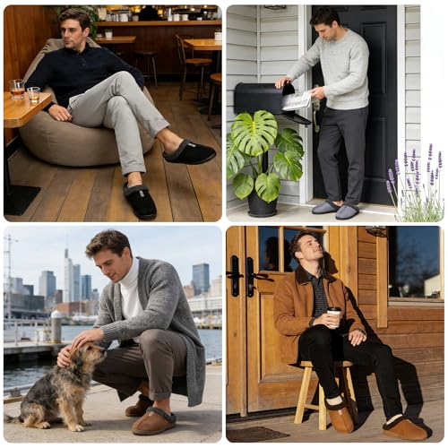 GOEWY Mens Suede Slippers with Memory Foam Indoor Outdoor House Shoes Warm Winter Slip On Slippers with Non-Slip Sole Gift...