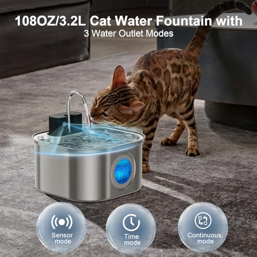 NautyPaws Cat Water Fountain Wireless，Stainless Steel-Rechargeable- Battery Operated Cat Water Fountain, 108oz/ 3.2l Autom...