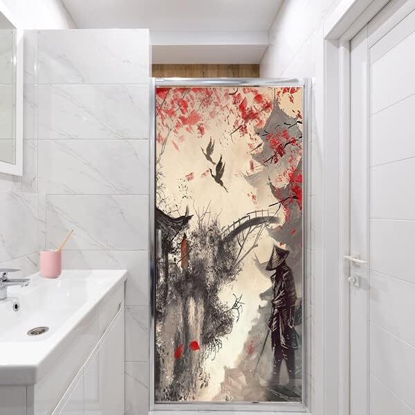 Vintage Japanese Samurai Air Window Film Watercolor Ink Ancient Cherry Blossom Red Sunblackout Window Film,Playroom Window Film 23.6Wx47.2L-Inch X1Pcs