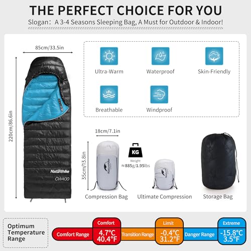 Naturehike Ultralight Down Sleeping Bag, 650FP Backpacking Sleeping Bag for Adults, 42℉ Waterproof Sleeping Bags for Campi...