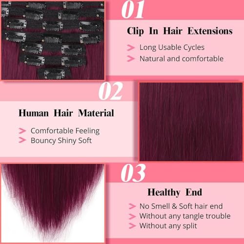 ShowJarlly Clip in Hair Extensions Real Human Hair 24 Inch Straight Clip Ins 8 Pcs Brazilian Remy Hair Extensions for Women #99J Burgundy 110g