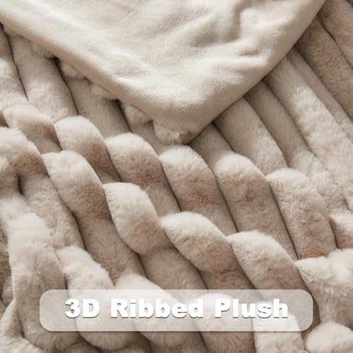 NEWCOSPLAY Faux Fur Throw Blanket Linen 3D Ribbed Plush Thick Warm Blanket for Couch Sofa Bed 850GSM (Linen Ribbed, Throw(...