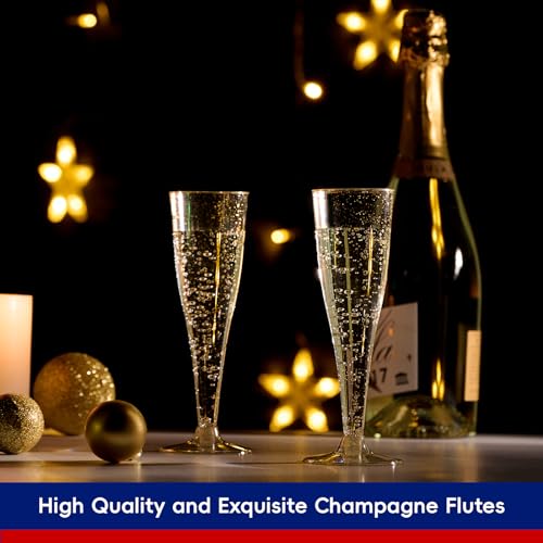JOLLY CHEF 100 Pack Plastic Champagne Flutes Disposable 4.5 oz Gold Glitter Plastic Champagne Glasses for Wedding, Thanksg...