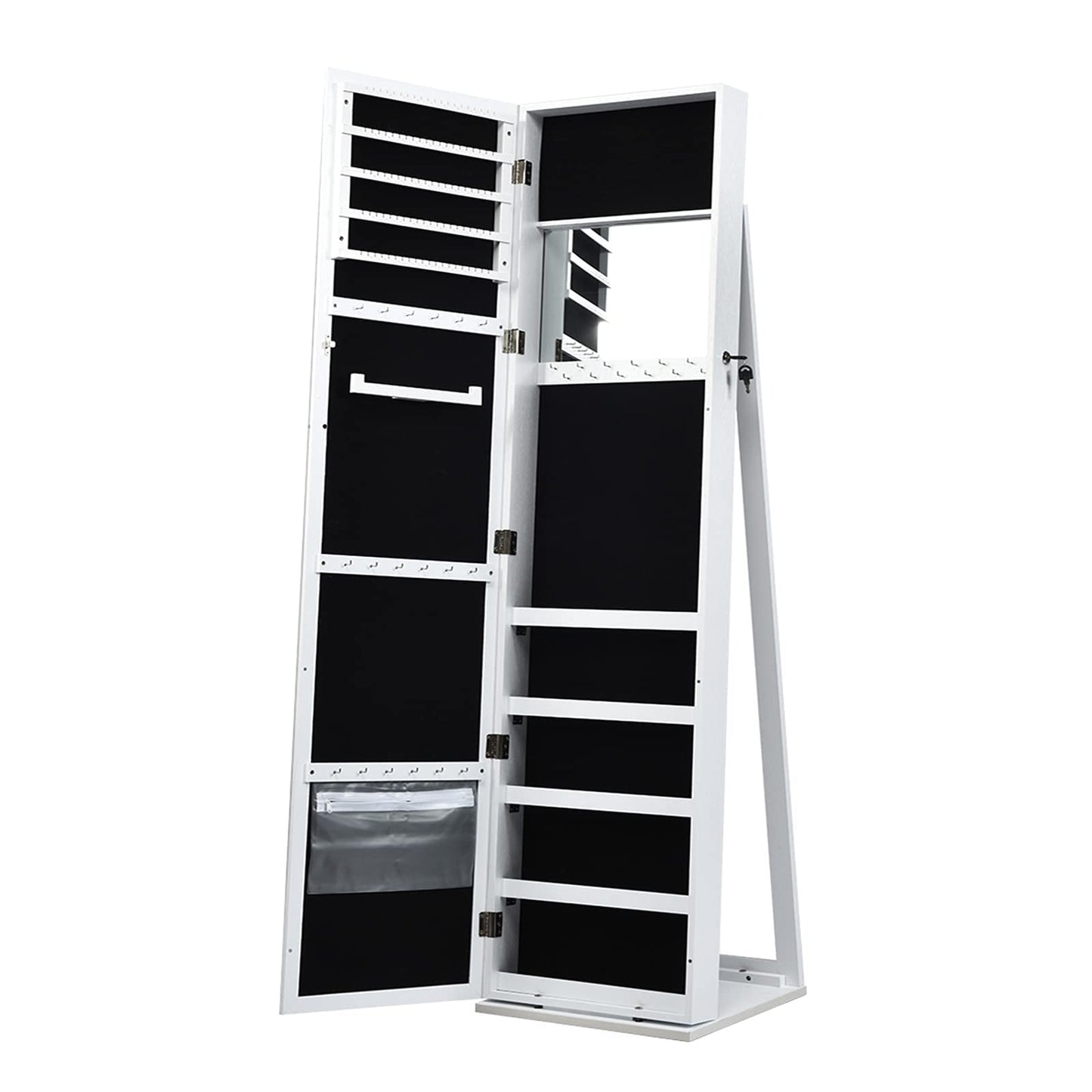 OFFICEJOY Standing Jewelry Armoire w/Full Length Mirror & Inside Mirror, Lockable Jewelry Cabinet Organizer w/Stable Base, Mirrored Jewelry Cabinet Organizer for Necklace, Ring, Earring Cosmetic
