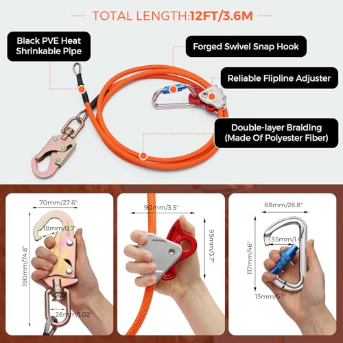 KLYTORX Tree Climbing Flipline Kit 1/2" X 12ft Wire Core - Triple Lock Carabiner Adjuster, Heavy-Duty Climbing Lanyard for...