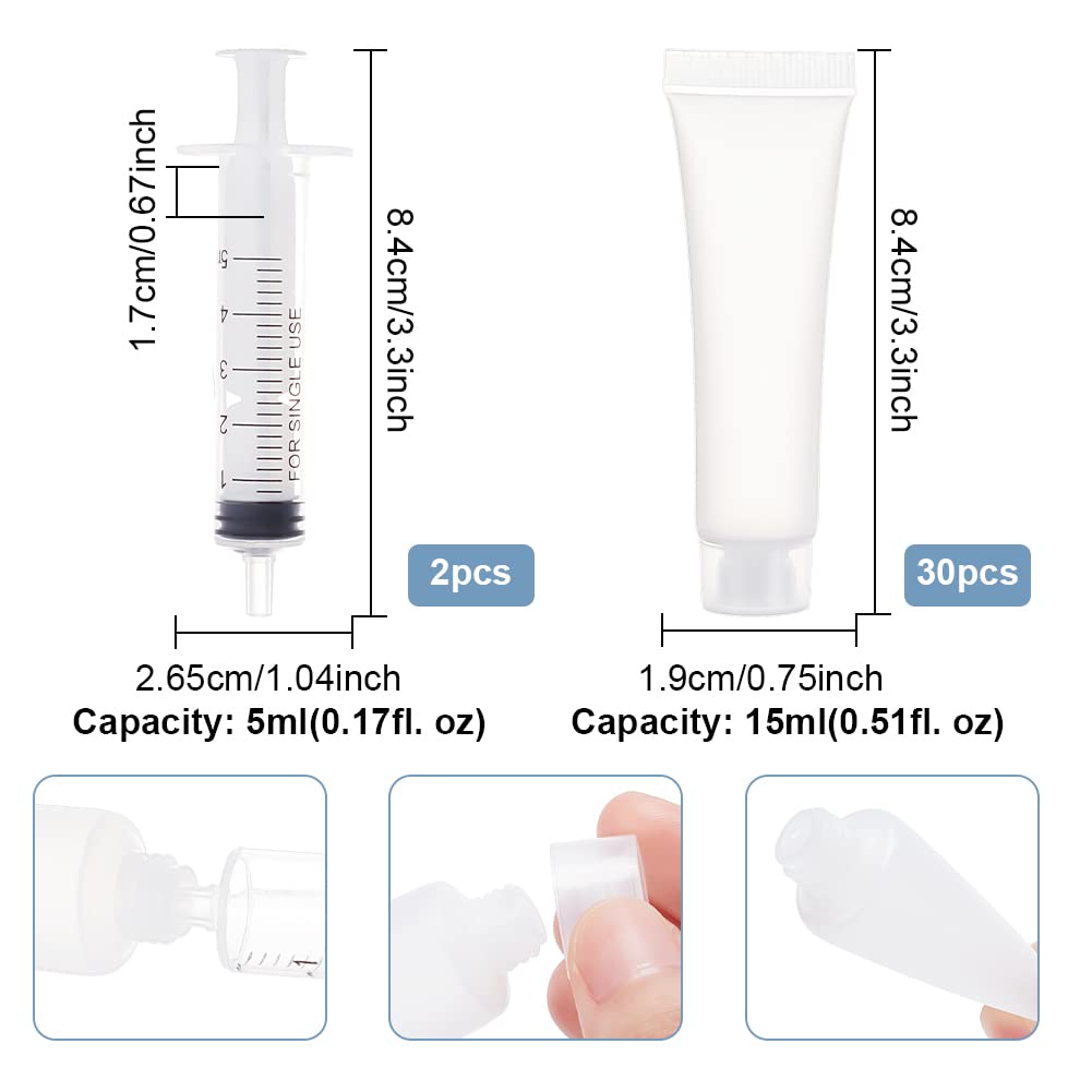 BENECREAT 30 Pack 0.5oz Clear Empty Tubes with Plastic Syringes Clear Squeezable Cosmetic Containers Refillable Plastic Tubes fo