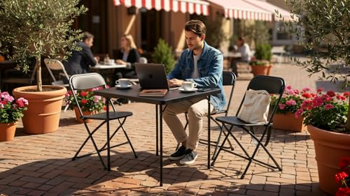 BTEXPERT 3 Piece Folding Card Table Portable and Chair Set, 34" Square Black Bi-Fold Table 2 Adult Chairs for Board Games ...