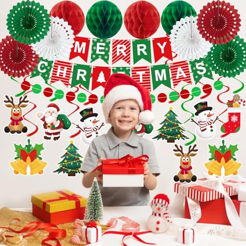 25pcs Christmas Party Decorations Merry Christmas Banner Paper Fan Garlands String Circle Dot Honeycomb Ball Swirl Streame...
