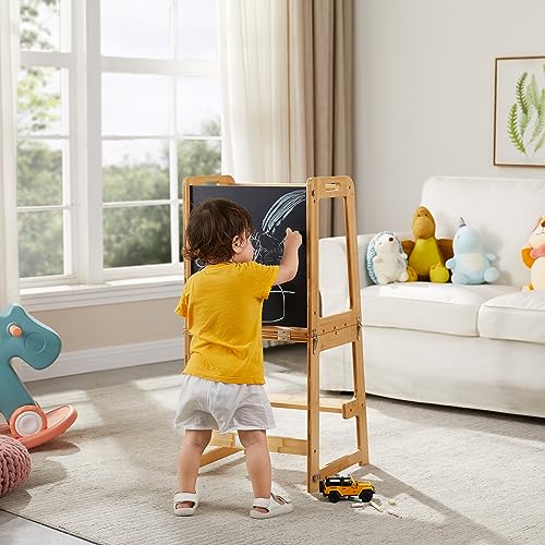 4-in-1 Standing Tower for Toddlers and Kids 1-6 Years, Bamboo Kitchen Learning Helper Stool with Chalkboard, Desk Table, a...