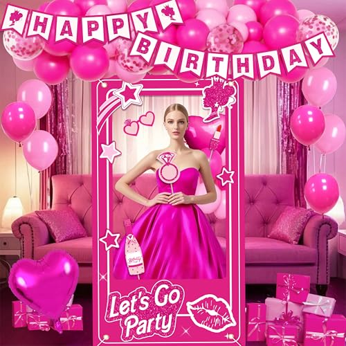 Birthday Decorations for Women,Happy Birthday Banner, 35 Balloons,Photo Booth Props for Girls (Hot Pink)